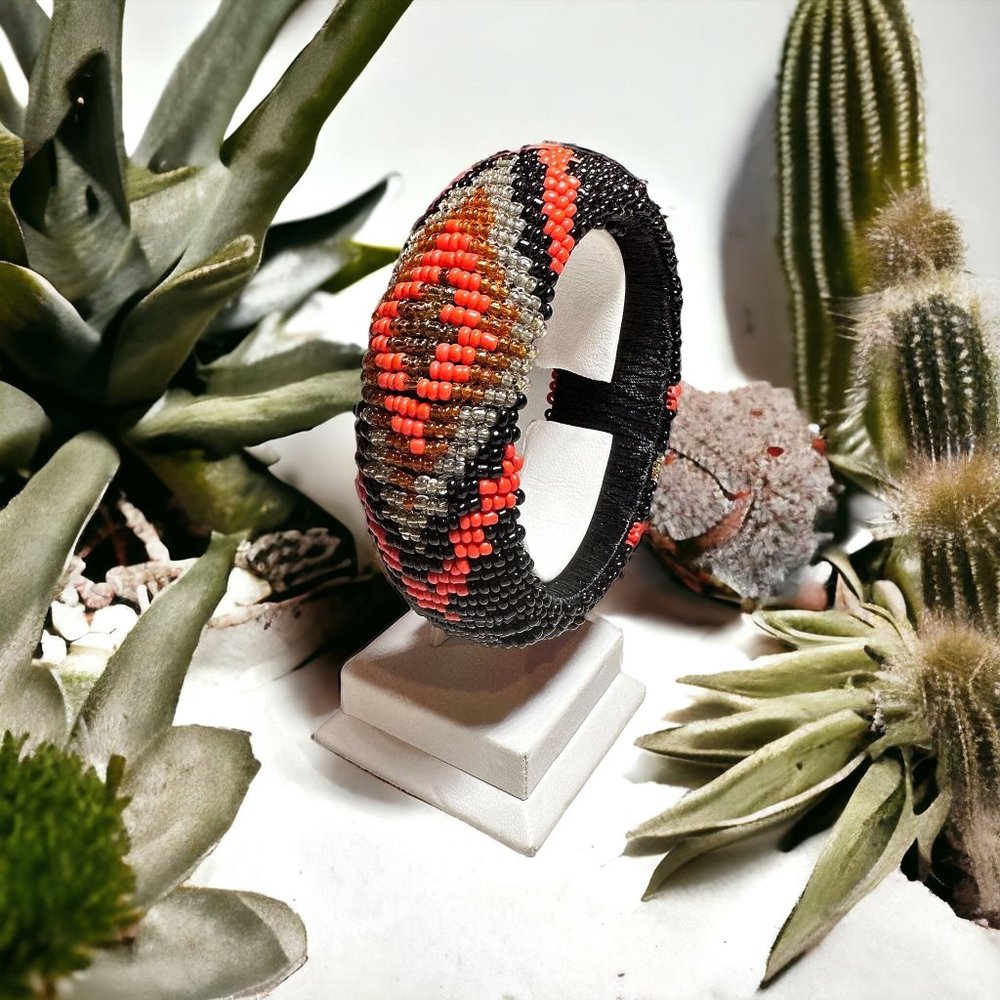 Aztec Pattern Black and Orange Beaded Bangle Statement Bracelet